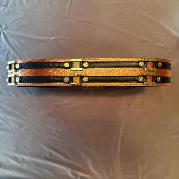 RARE Tory Burch Brown Snakeskin Waist belt black leather gold 2” size M $425 - Picture 2 of 15
